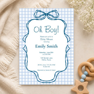 Convite de Churrasco de Bebê Oh Boy Blue Gingham