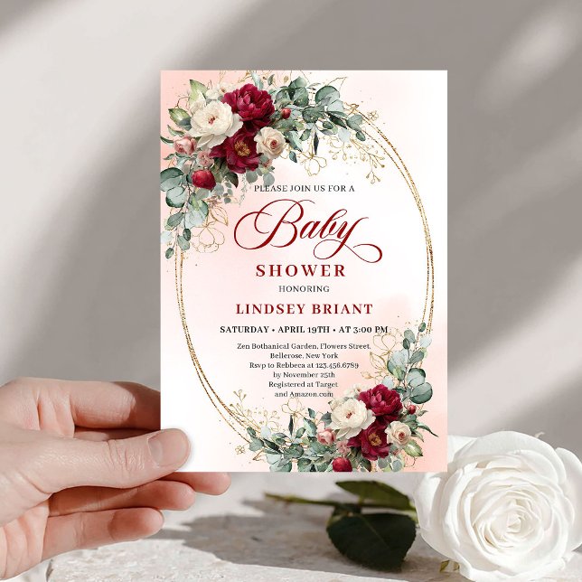 Convite de Churrasco de Bebê Peônia Burgundy Boho  (Trendy Boho Burgundy Peony Baby Shower Invitation)