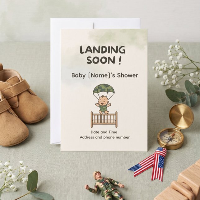 Convite de Churrasco de Bebê Pequeno Soldado — Cam (Little Soldier Teddy Bear Baby Shower Invitation | Military Boy Announcement)