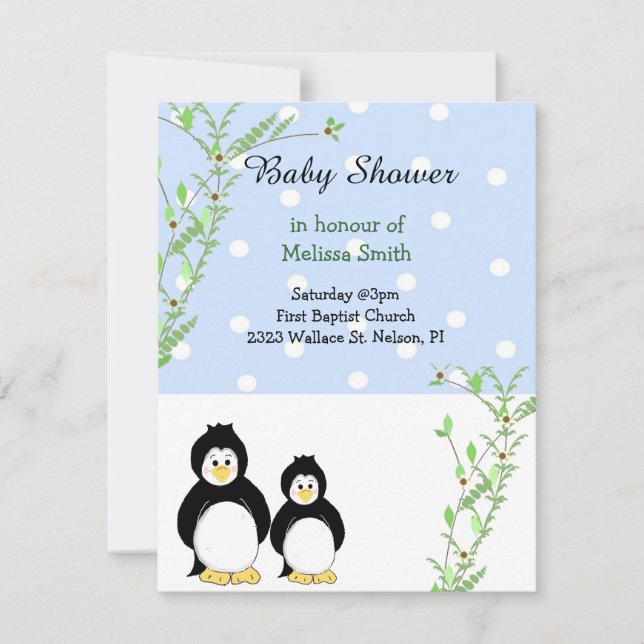 Convite de Churrasco de Bebê Pinguins e Vinhas (Frente)