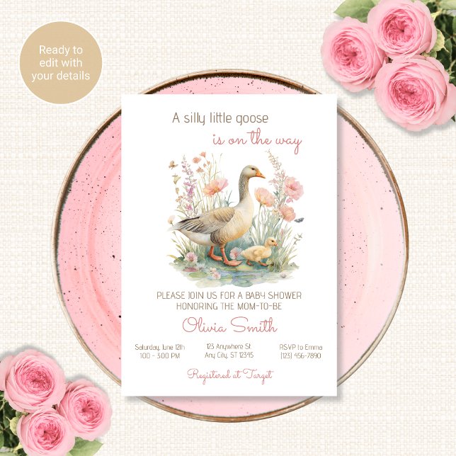 Convite de Churrasco de Bebê Silly Goose Floral Ro (Criador carregado)