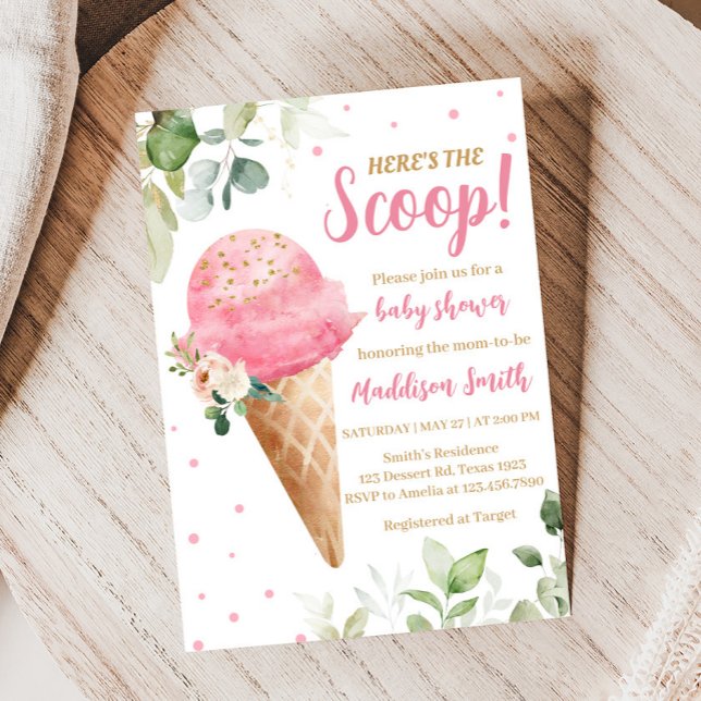 Convite de Churrasco de Bebê Sorvete Rosa (Girl Ice Cream Baby Shower Invitation)