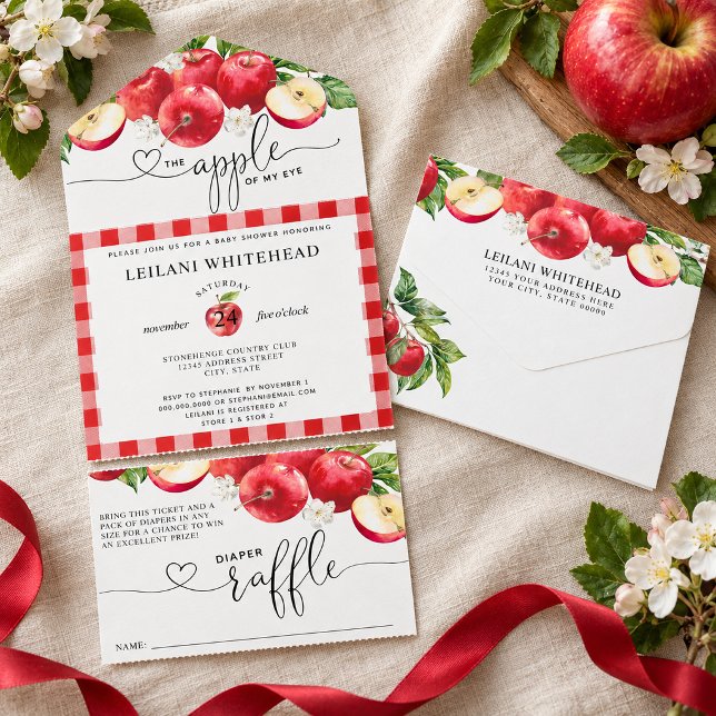 Convite de Churrasco de Bebê Tudo em Um "Maçã dos  (Make party planning seamless with this sweet "Apple of My Eye" all-in-one baby shower invitation.)