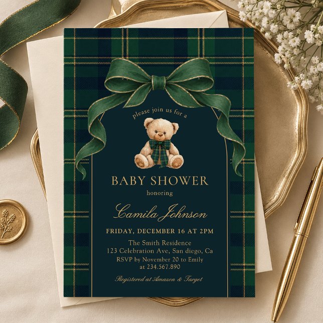 Convite de Churrasco de Bebê Urso de Tartã Verde (Criador carregado)
