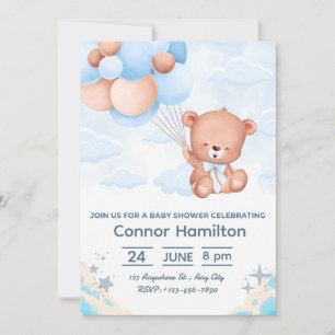 Convite de Churrasco de Bebê Urso Teddy Azul Diver