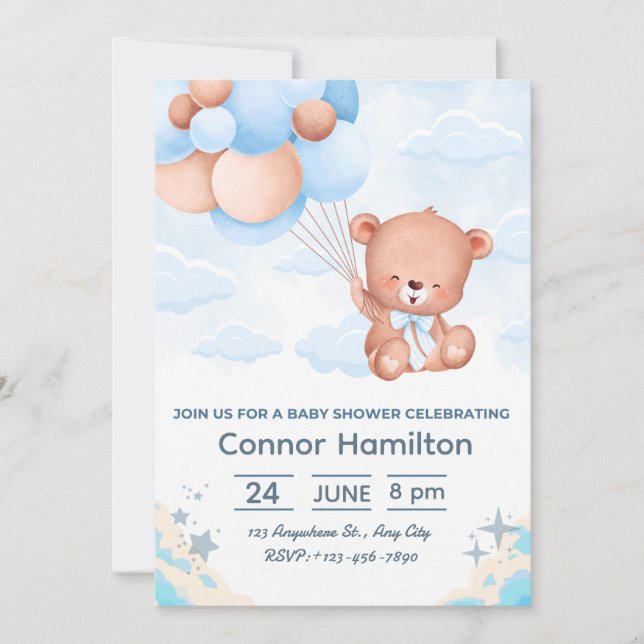 Convite de Churrasco de Bebê Urso Teddy Azul Diver (Frente)