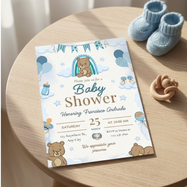 Convite de Churrasco de Bebê Urso Teddy em Aquarel (Criador carregado)