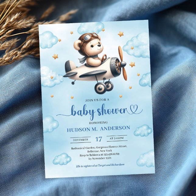 Convite de Churrasco de Bebê Urso Teddy Piloto Azu (Stylish Teddy Bear Pilot Blue Gold Baby Shower Invitation

)