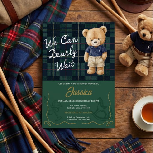 Convite de Churrasco de Bebê Urso Teddy Preppy (Criador carregado)