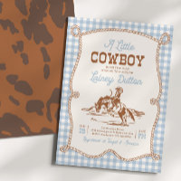 Convite de Churrasco de Bebê Western Xadrez Azul