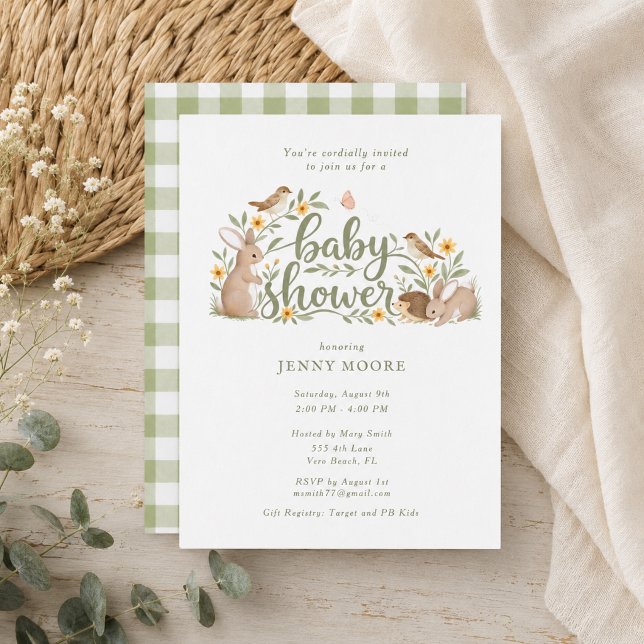 Convite de Churrasco de Bebê Xadrez Verde Floresta (Woodland Green Gingham Baby Shower Invitation)