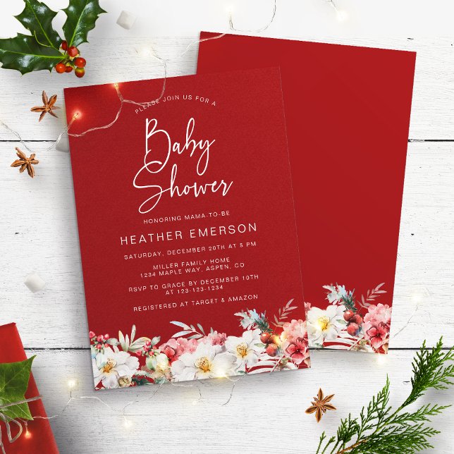 Convite de Churrasco de Natal Vermelho para Bebê (Rustic Boho Watercolor Floral Christmas Holiday Baby Shower Invitation by Painted Paperie)