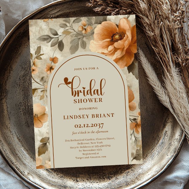 Convite de Churrasco de Noiva Boho Copper Flores O (Fall Boho Copper Flowers Bridal Shower Invitation)