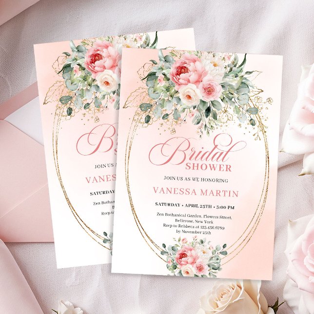 Convite de Churrasco de Noiva Botânico com Rosa Su (Soft Blush and Gold Botanical Bridal Shower Invitation)