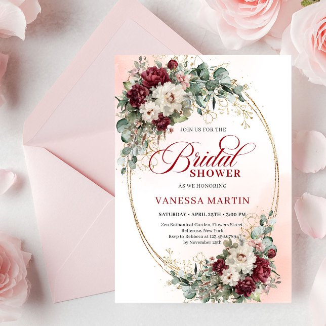 Convite de Churrasco de Noiva Chic Deep Red Peony  (Chic Deep Red Peony Gold Bridal Shower Invitation

)