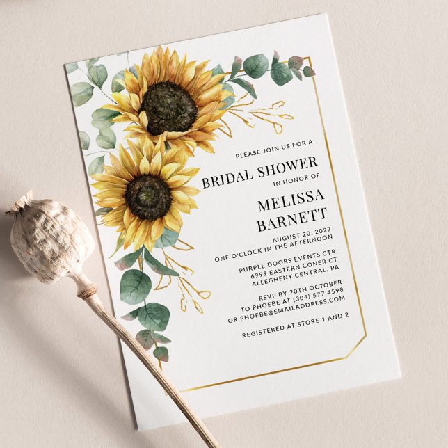 Convite de Churrasco de Noiva com Flor de Girassol (Floral Sunflower Eucalyptus Bridal Shower Invitation)