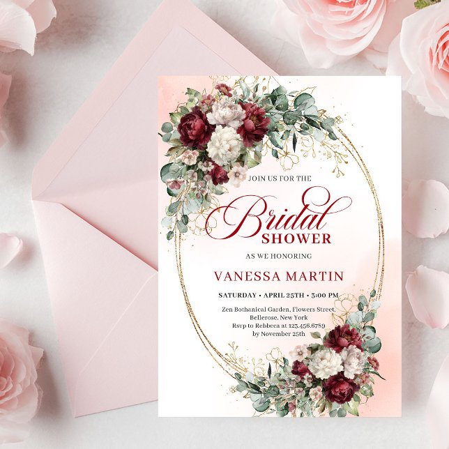 Convite de Churrasco de Noiva com Moldura Dourada  (Modern Burgundy Gold Frame Bridal Shower Invite

)