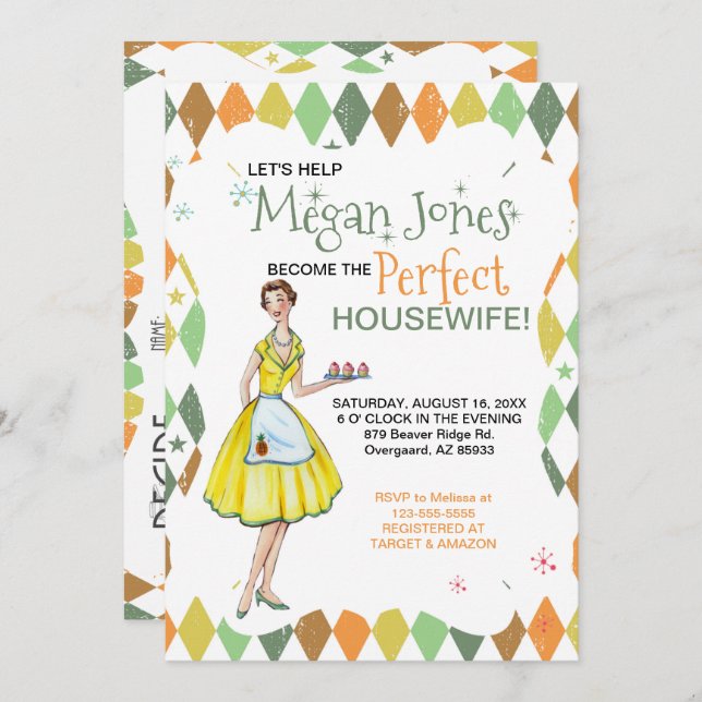 Convite de Churrasco de Noiva da Dona de Casa Retr (Frente/Verso)