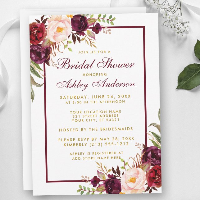Convite de Churrasco de Noiva Floral Dourado Borgo (Customize to change text size, color or text style.)