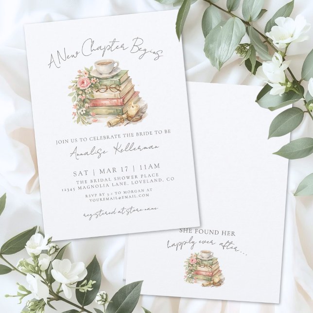 Convite de Churrasco Floral para Novo Capítulo de  (Book New Chapter Floral Bridal Shower Invitation)