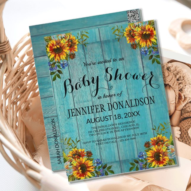 Convite de Chuvá de Bebê Girassol Azul Rústico (RUSTIC BLUE SUNFLOWER BABY SHOWER INVITATION)