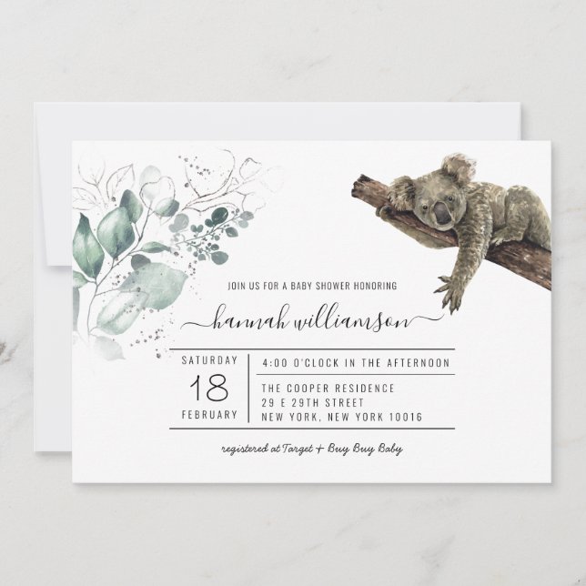 Convite de Chuvá de Bebê Koala Selva (Frente)