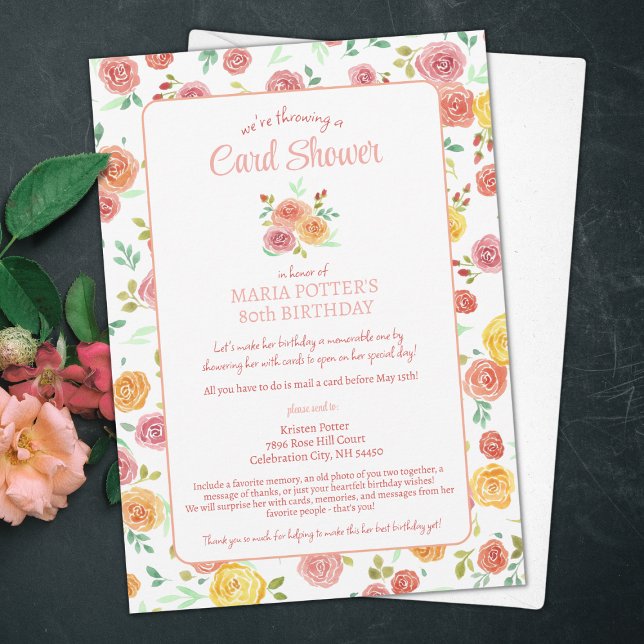 Convite de Chuva de Cartões com Rosas em Aquarela  (Criador carregado)