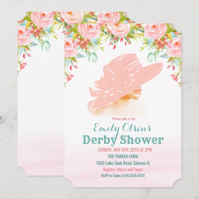 Convite de Chuva de Derby Floral de Chapéu de Aqua (Frente/Verso)