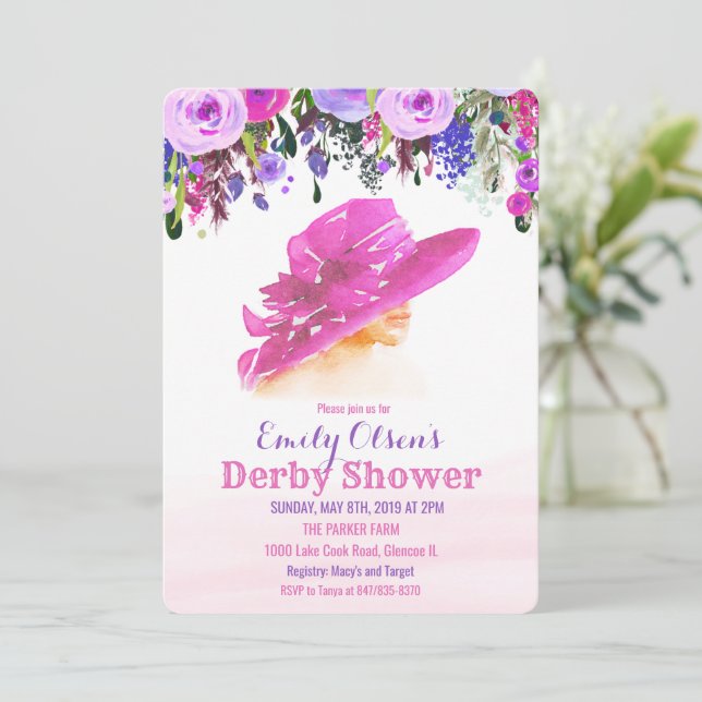 Convite de Chuva de Derby Floral de Chapéu de Aqua (Em pé/Frente)