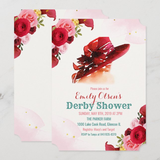 Convite de Chuva de Derby Floral de Chapéu de Aqua (Frente/Verso)