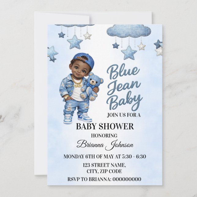 Convite de Chuvada de Bebê Afro Boy Denim Azul (Frente)