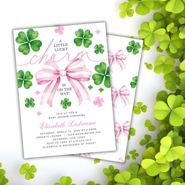 Convite de Chuvada de Bebê Amuleco de Arco Rosa (Pink Bow Lucky Charm Baby Shower Invitation)