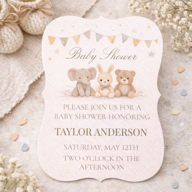 Convite de Chuvada de Bebê Animal Neutro (Neutral baby shower with soft animal trio and warm beige watercolor charm)