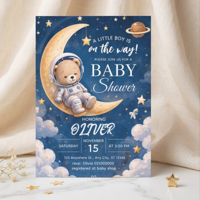 Convite de Chuvada de Bebê Astronauta Menino Urso  (Criador carregado)