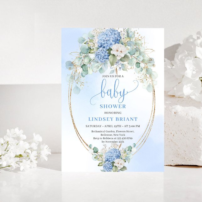 Convite de Chuvada de Bebê Azul Eucalipto Elegante (Elegant Eucalyptus Blue Baby Shower Invitation)