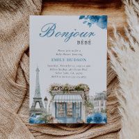 Convite de Chuvada de Bebê Azul Francês Bonjour Be