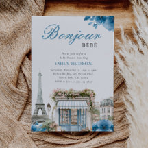 Convite de Chuvada de Bebê Azul Francês Bonjour Be