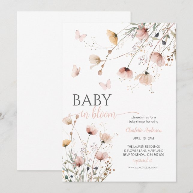Convite de Chuvada de Bebê Baby em flor silvestre (Frente/Verso)