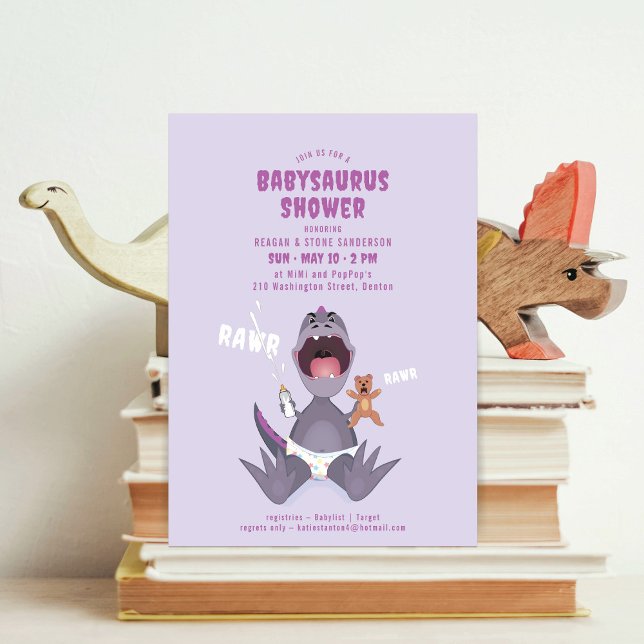 Convite de Chuvada de Bebê Babysaurus T-rex Roxo (Criador carregado)