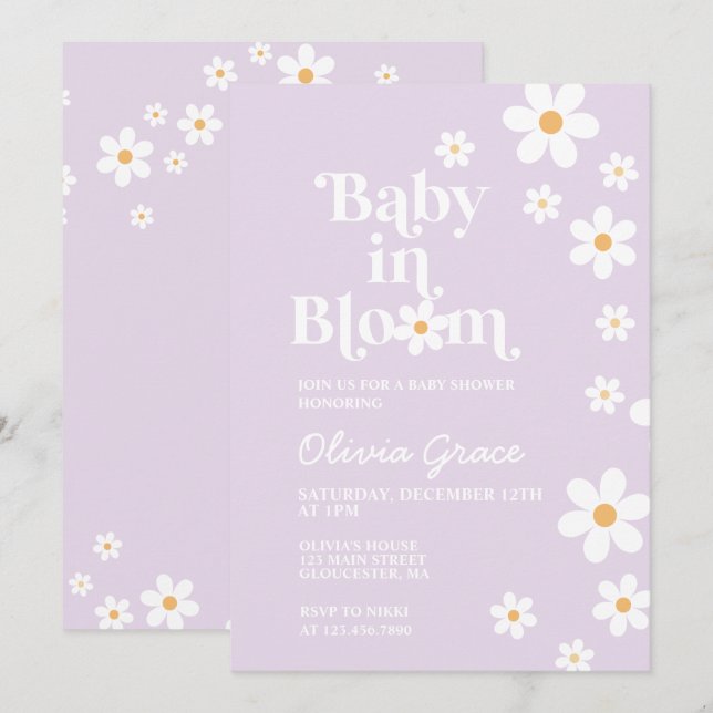 Convite de Chuvada de Bebê Bebê em Flor roxa Daisy (Frente/Verso)