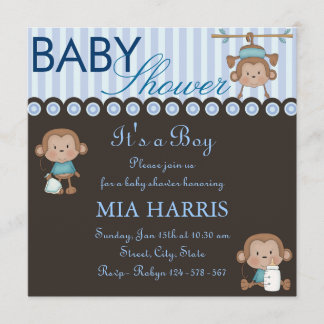 Convite de Chuvada de Bebê Blue Monkey Design