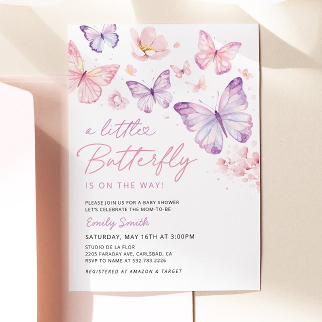 Convite de Chuvada de Bebê Borboleta Rosa Roxo (Pink Purple Butterfly Baby Shower Invitation, Watercolor Butterfly Floral Baby Girl Shower Invite)