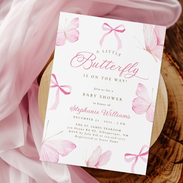 Convite de Chuvada de Bebê Borboletas Laços Rosa (Criador carregado)
