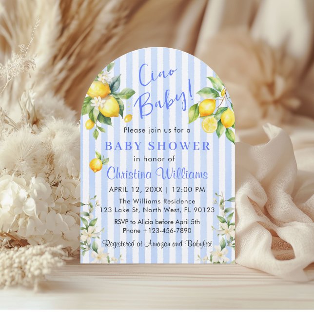 Convite de Chuvada de Bebê Ciao Baby Blue Citrus L (Ciao Baby Blue Stripe Lemons Baby Shower invitation)
