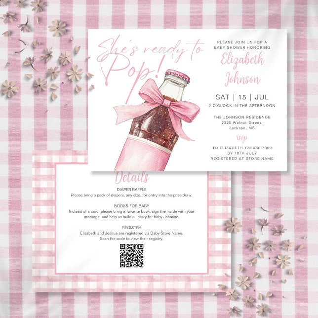 Convite de Chuvada de Bebê Código QR Garrafa de Re (Ready To Pop Pink Soda Bottle QR Code Baby Shower Invitation)