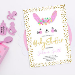 Convite de Chuvada de Bebê Coelho Rosa Dourado Con