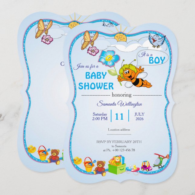 Convite de Chuvada de Bebê com Abelha para menino (Frente/Verso)