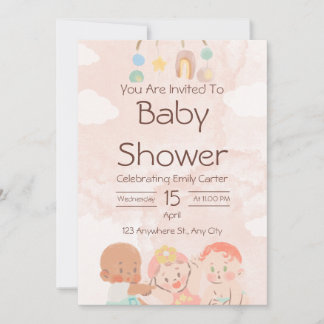 Convite de Chuvada de Bebê com Aquarela Rosa e Mar