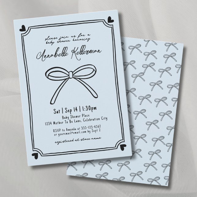 Convite de Chuvada de Bebê com Arco Azul Desenhado (Hand Drawn Blue Bow Baby Shower Invitation )