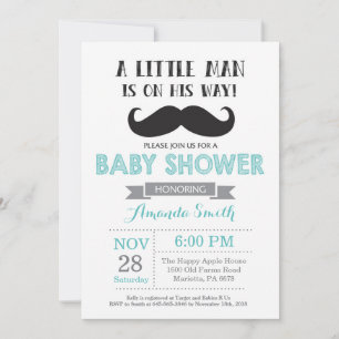 Convite de Chuvada de Bebê com Bigode Aqua e Cinza